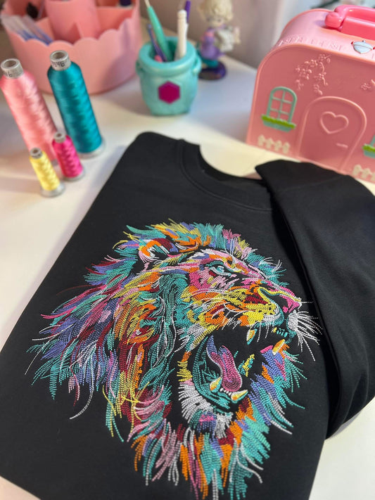 Gorgeous Colorful Lion Embroidered Crewneck