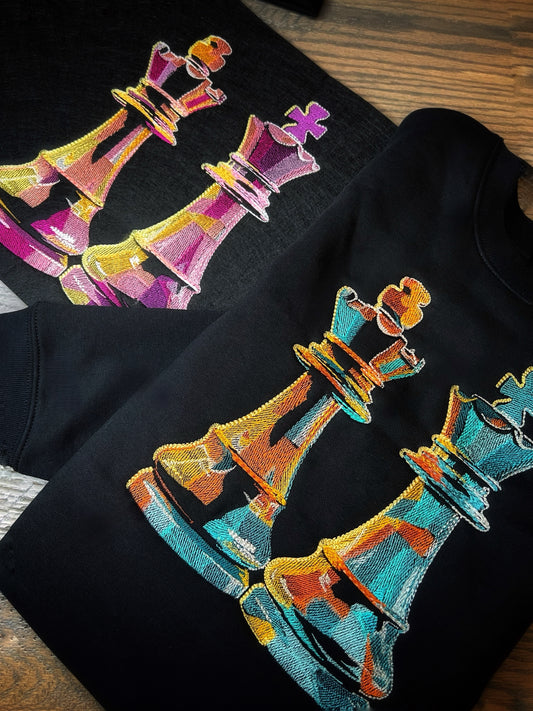 Check, Please - Stained Glass Chess Embroidered Crewneck