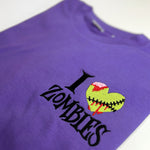 Purple shirt with I Heart Zombies embroidery and a green zombie heart