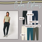 Jogger color chart with black, ash gray, French navy, Stargazer teal, olive, and cream