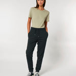 Model wearing plain black joggers to show fit