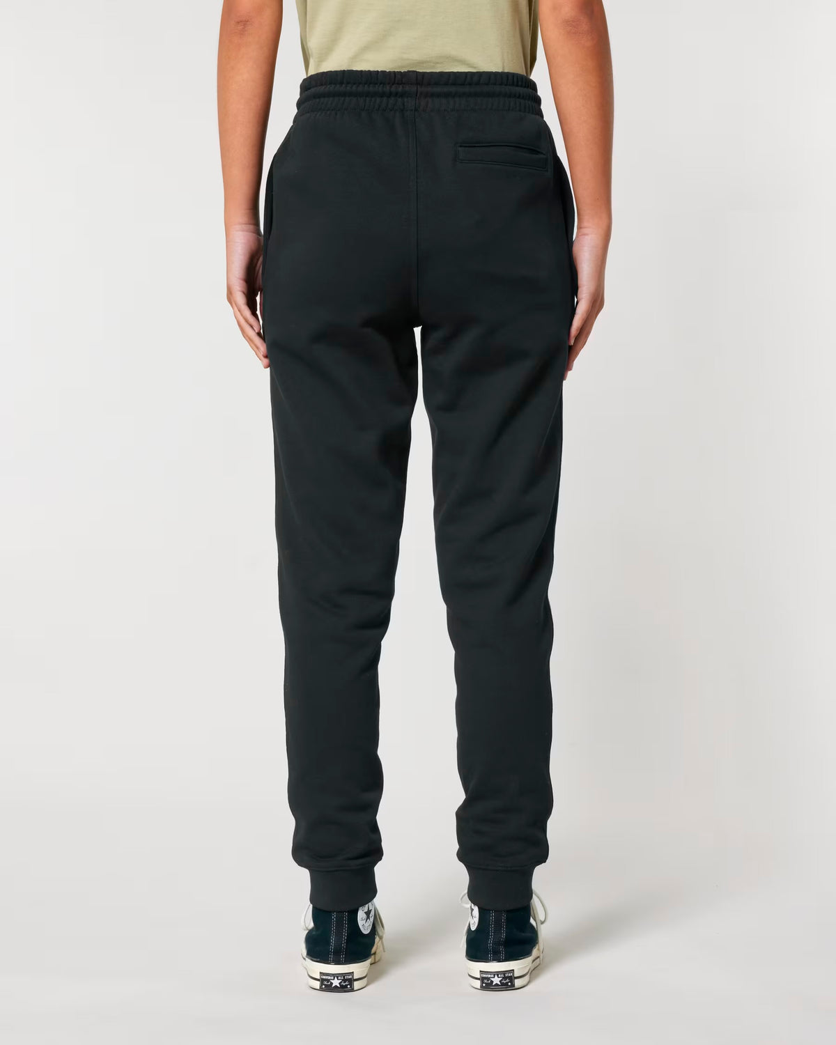 Back view of plain black joggers on a model