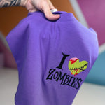 Purple I Heart Zombies shirt held up