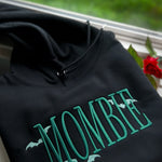Black hoodie with green MOMBIE puff embroidery and bats